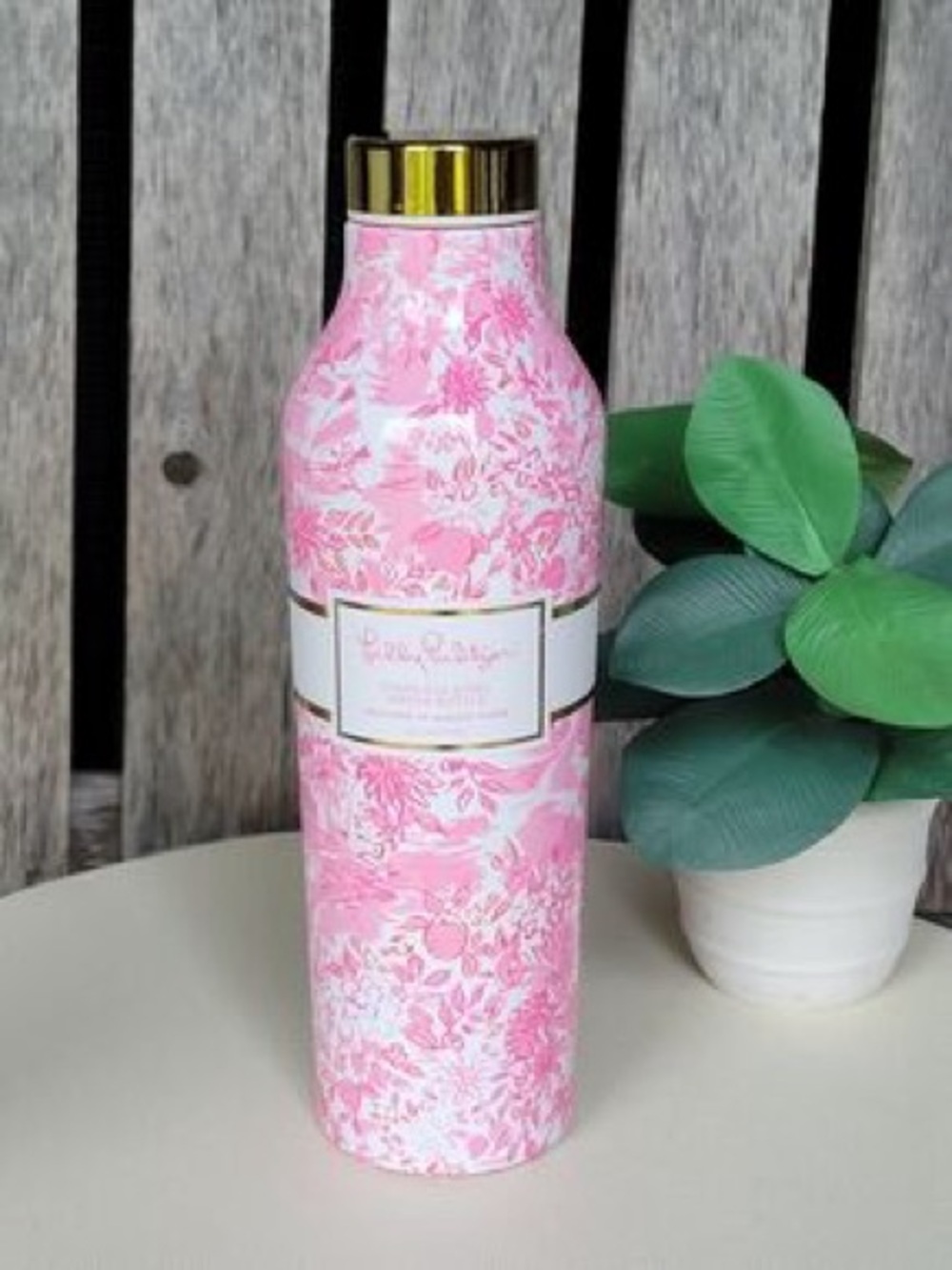 Lilly Pulitzer Pink Floral Insulated Water Bottle with Gold Cap